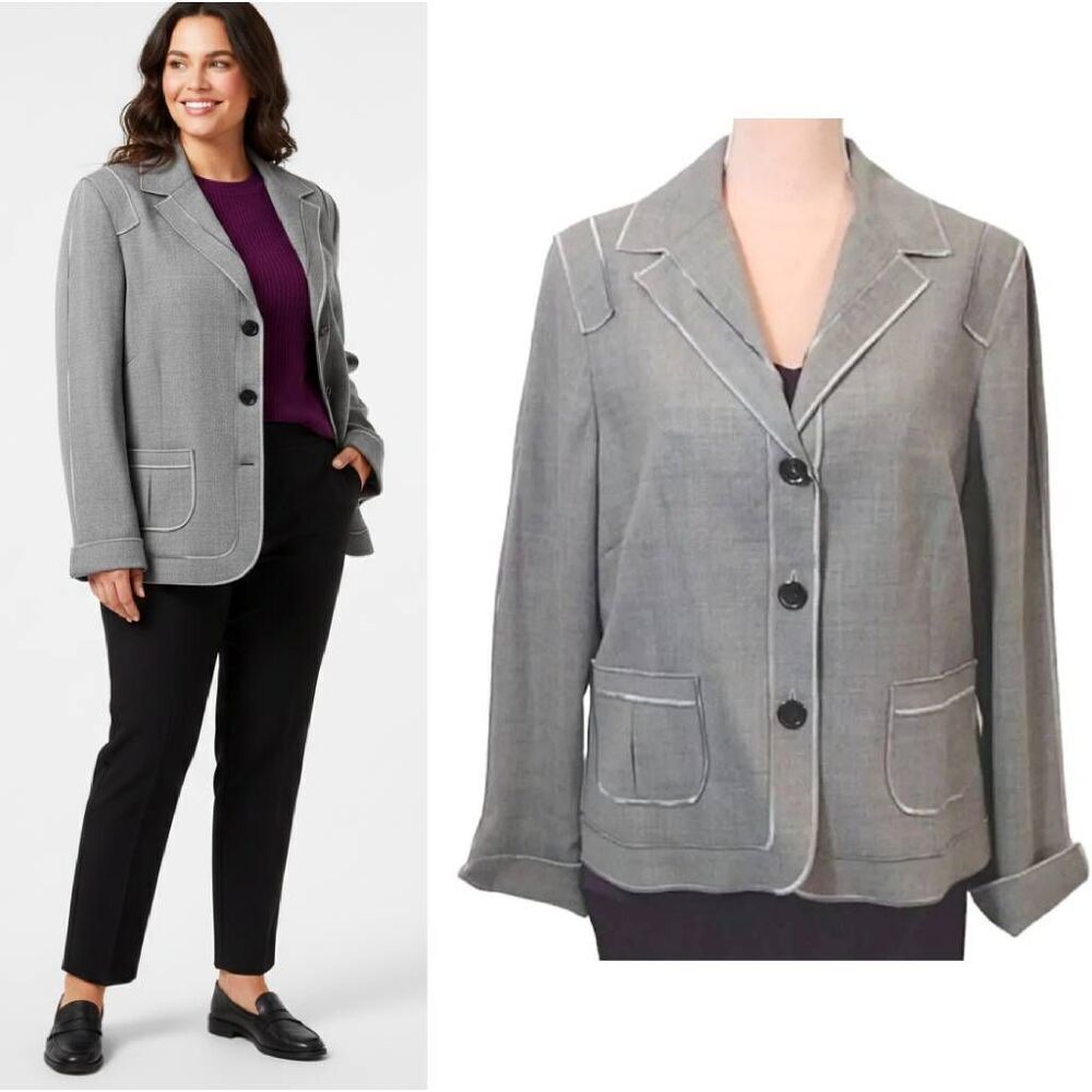 Doncaster VTG Grey Silver Embroidered Single Breasted Wool Blazer PlusSize 18
